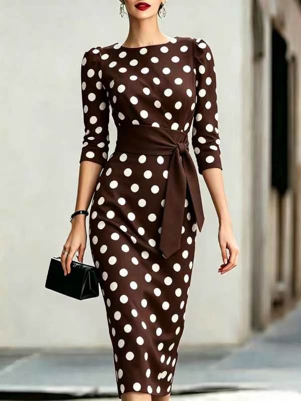 Polka Dot Pencil Midi Dress – Waist Belt, O-Neck Formal Office Wear - product photo 11 of 12