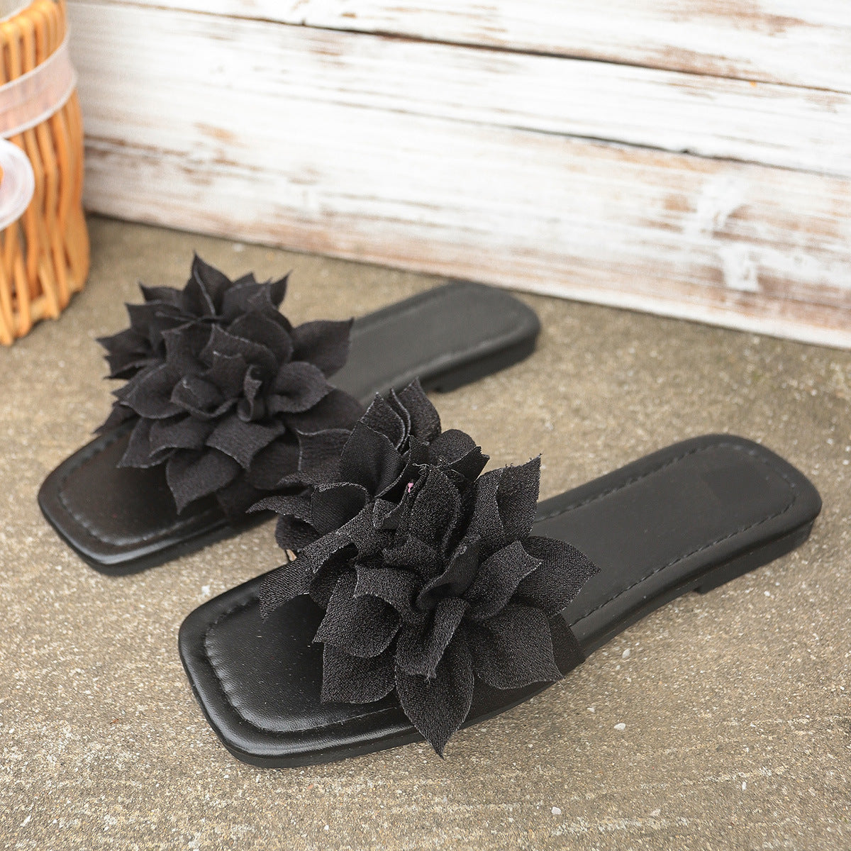Women's Faux Leather Flat Flip Flops – Floral Accent Slides - product photo 10 of 10