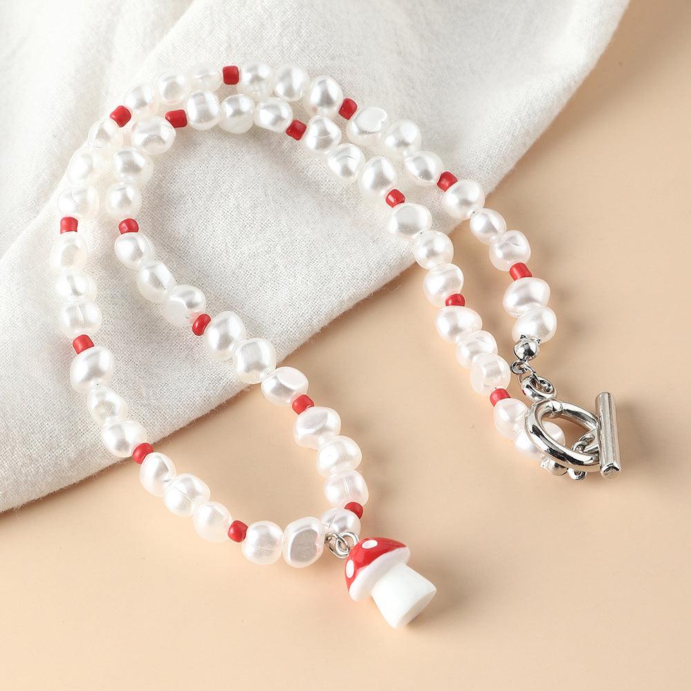 Pearl Beaded Mushroom Pendant Necklace – Adjustable Chain - product photo 2 of 6