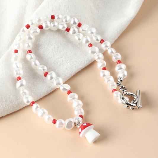 Pearl Beaded Mushroom Pendant Necklace – Adjustable Chain - product photo 2 of 6