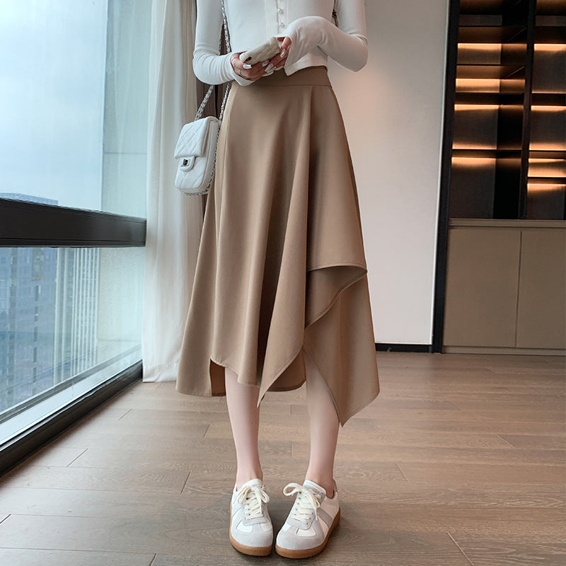 Asymmetrical midi skirt styled on model - front view