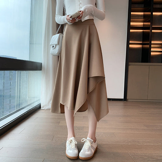 Asymmetrical midi skirt styled on model - front view
