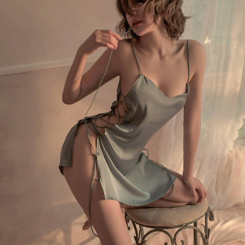 Women's Silky Lace-Up Side-Slit Nightdress - product photo 8 of 13