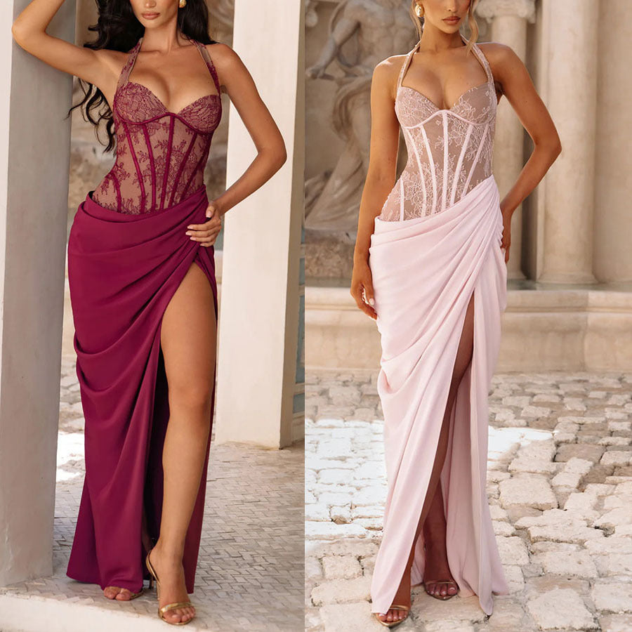 halter-neck lace-up patchwork dress, front view
