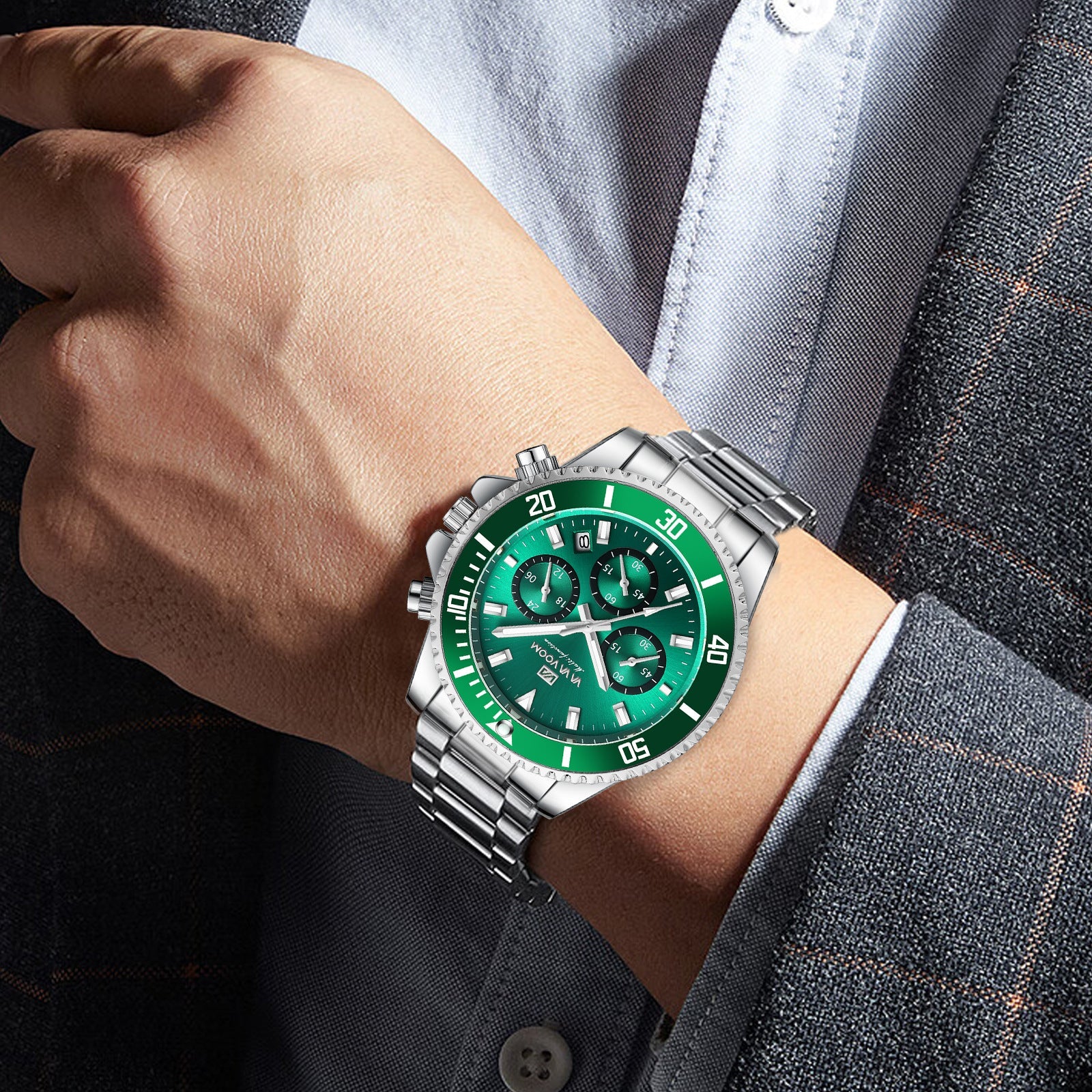 Quartz watch, silver and green colorway