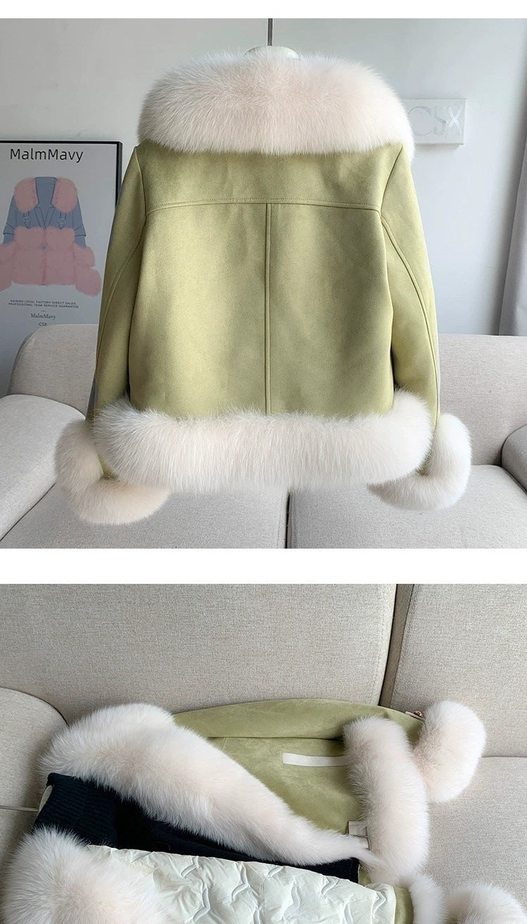 Oversized faux fur coat shown in khaki color