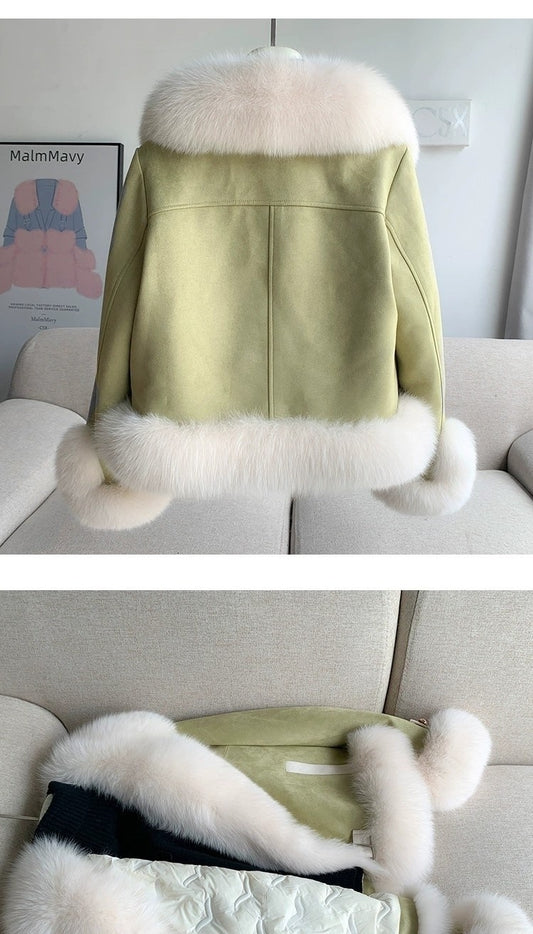 Oversized faux fur coat shown in khaki color
