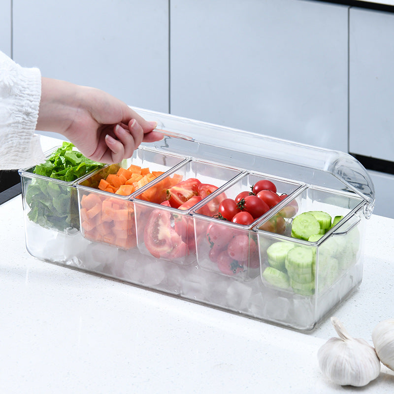 Transparent food storage container with lid, front view